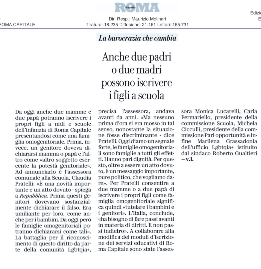 Grazie ai nuovi criteri per l'iscrizioni ai nidi capitolini, si garantiscono diritti e pari opportunitá per tutti. Per la prima volta in assoluto #Roma Capitale riconosce come tali anche le famiglie omogenitoriali, a partire dalla presentazione della domanda di iscrizione.