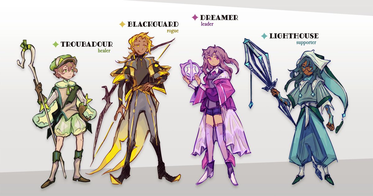 Get to know the cast! ^v^

TROUBADOUR, the Healer: he/him
BLACKGUARD, the Rogue: he/him 
DREAMER, the Leader: she/her 
LIGHTHOUSE, the Supporter: she/they

Look forward to character spotlights soon! :) #indiegames #gamedev