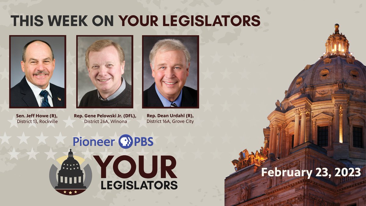 YourLegislators's tweet photo. We're still working on a fourth guest but here is the scheduled lineup for the 2/23/23 episode of #YourLegislators: 
Sen. Jeff Howe (R), District 13; Rep. Gene Pelowski Jr. (DFL), District 26A; and Rep. Dean Urdahl (R), District 16A. #MnLeg #PoliticsLive

https://t.co/FOHsSvA2wJ https://t.co/G21rVipdvc