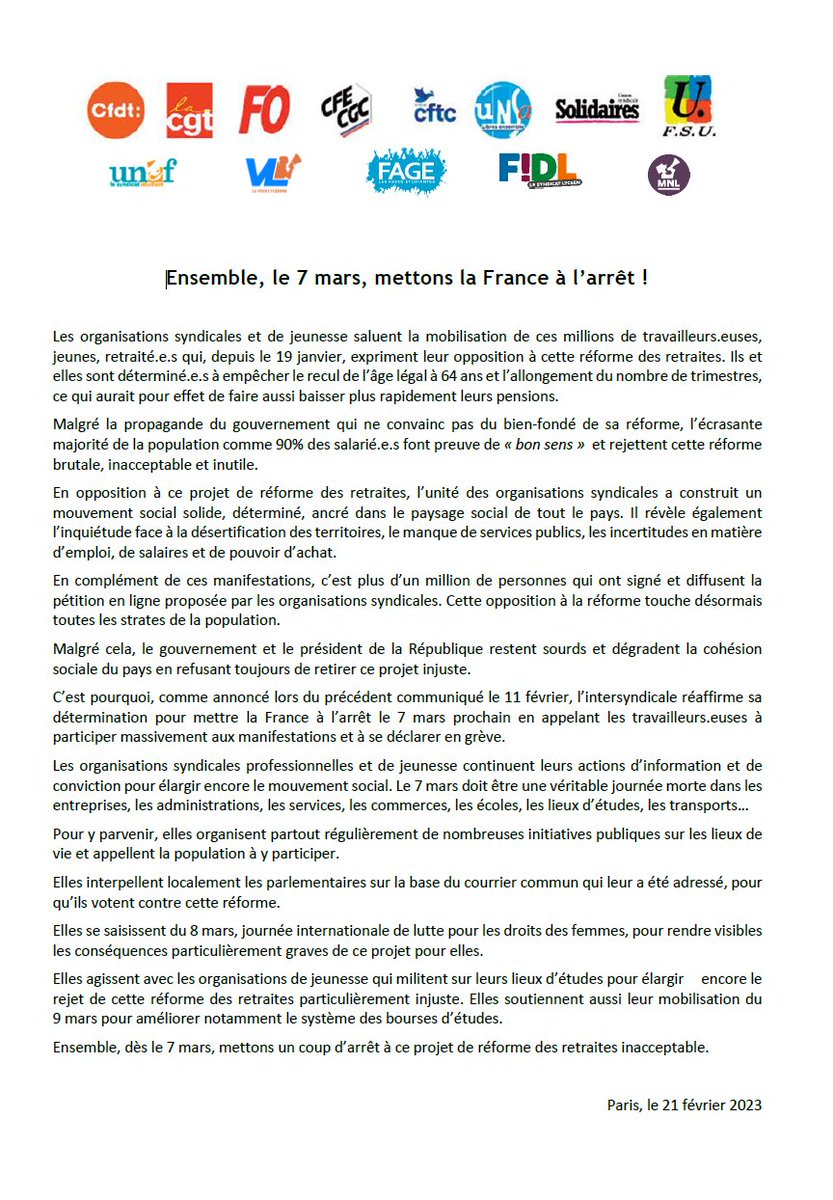 Communiqué intersyndical : Ensemble, le 7 mars, mettons la France à l'arrêt !
Dès le 7 mars, mettons un coup d'arrêt à ce projet de réforme des retraites inacceptable !