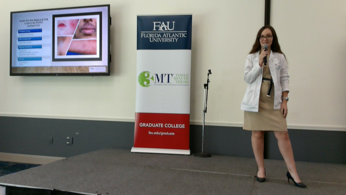 Elisha Myers, graduate student from @FAUMedSchool presenting “Reducing Costs in Atopic Dermatitis” #FAU3MT #3mt #ThreeMinuteThesis #medicine #biomedicalscience #FAUGradCollege #research #scholarship