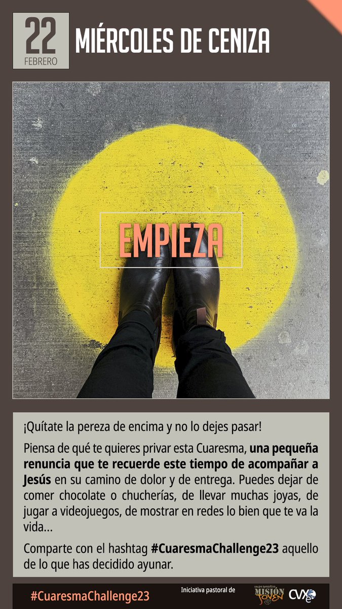 MisionJovenCVXE's tweet photo. 📆22- feb. #MIÉRCOLESDECENIZA ✝️
🏁Empieza🏁, quítate la pereza 🥱y piensa en algo de lo que puedas prescindir 🚫esta Cuaresma, algo que te ayude a acompañar 🤝 a Jesús y mantenlo los 40 días 💪. #fejovenCVX
📲 Polvo soy- Paola Pablo 
https://t.co/yMfLE4HYfP https://t.co/YfJrDB578X