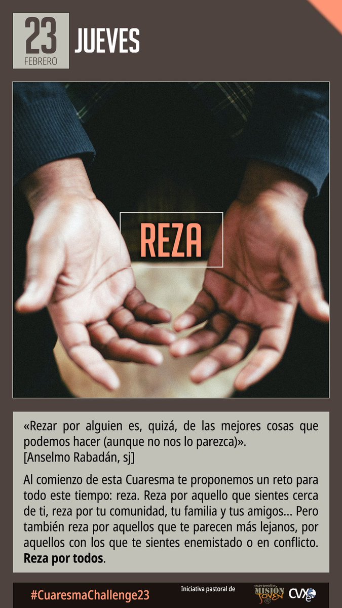 MisionJovenCVXE's tweet photo. 📆23- feb. REZA 🛐
"Rezar por alguien es, quizá, de las mejores cosas que podemos hacer (aunque no nos lo parezca)". 😌
📣Te animamos a mantener este reto durante toda la Cuaresma 🔚. 

📲 Ahí, Contigo. Paola Pablo https://t.co/WEs2A8uO33 https://t.co/xFb7u6pLjs