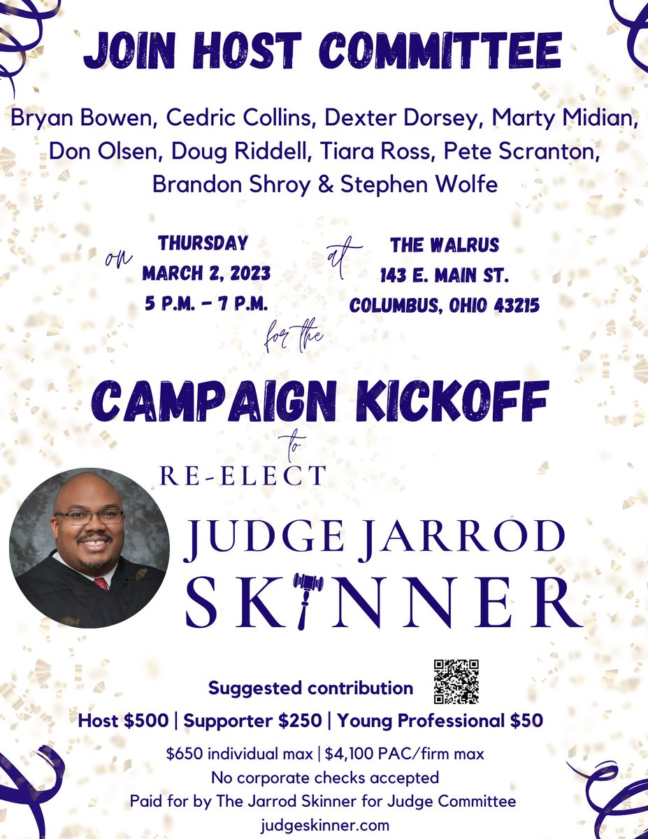 judgeskinner's tweet photo. Join our host committee Bryan Bowen, Cedric Collins, Dexter Dorsey, Marty Midian, Don Olsen, Doug Riddell, Tiara Ross, Pete Scranton, Brandon Shroy &amp; Stephen Wolfe next week! #winnerwinnerjarrodskinner https://t.co/qa7vwanXQ8