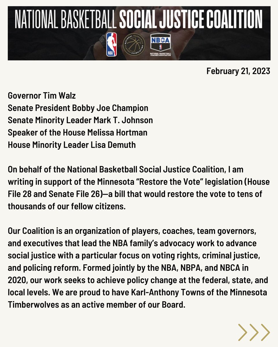 NBACoalition's tweet photo. Our Coalition is pleased to stand with @RTVMN, @KarlTowns, and @Timberwolves in supporting this critical voting rights legislation. Read our letter here. #RestoreTheVote https://t.co/5ipKSTs7jM