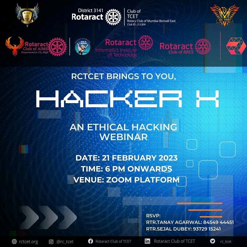 IITRotaract's tweet photo. And hence, to enhance your technical skills, Rotaract Club of TCET has come up with an amazing initiative
๐ต๏ธ Hacker X๐ต๏ธ
#hackerx #internationalservice #collaboration #rotaract3220 #LearnServeandStrive #imaginerotary #RACIIT #weareraciit #rctcet #rotaract3141 https://t.co/cuXX3ZETH7