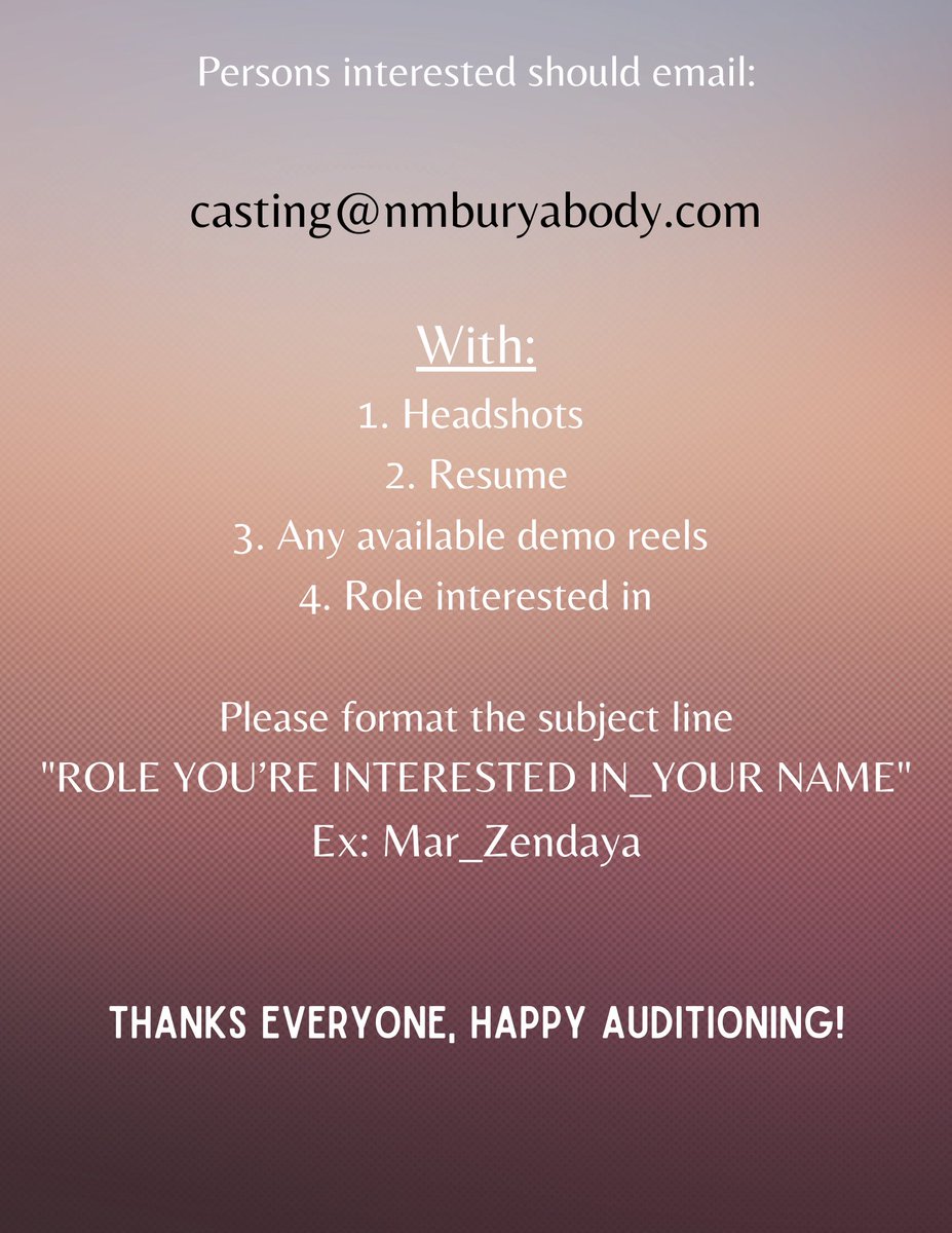 LilStreacks's tweet photo. CASTING BREAKDOWN
LOCATION: Albuquerque, New Mexico
RATE: $100/day, Non-Union
WORK DATES: March 17th, 18th, 24th, and 25th
AUDITION DEADLINE: March 3rd
CHEMISTRY READ: March 5th, dependent on availability

Visit https://t.co/XEwmtYpoQ8 for more info https://t.co/UHzjVaDp7k