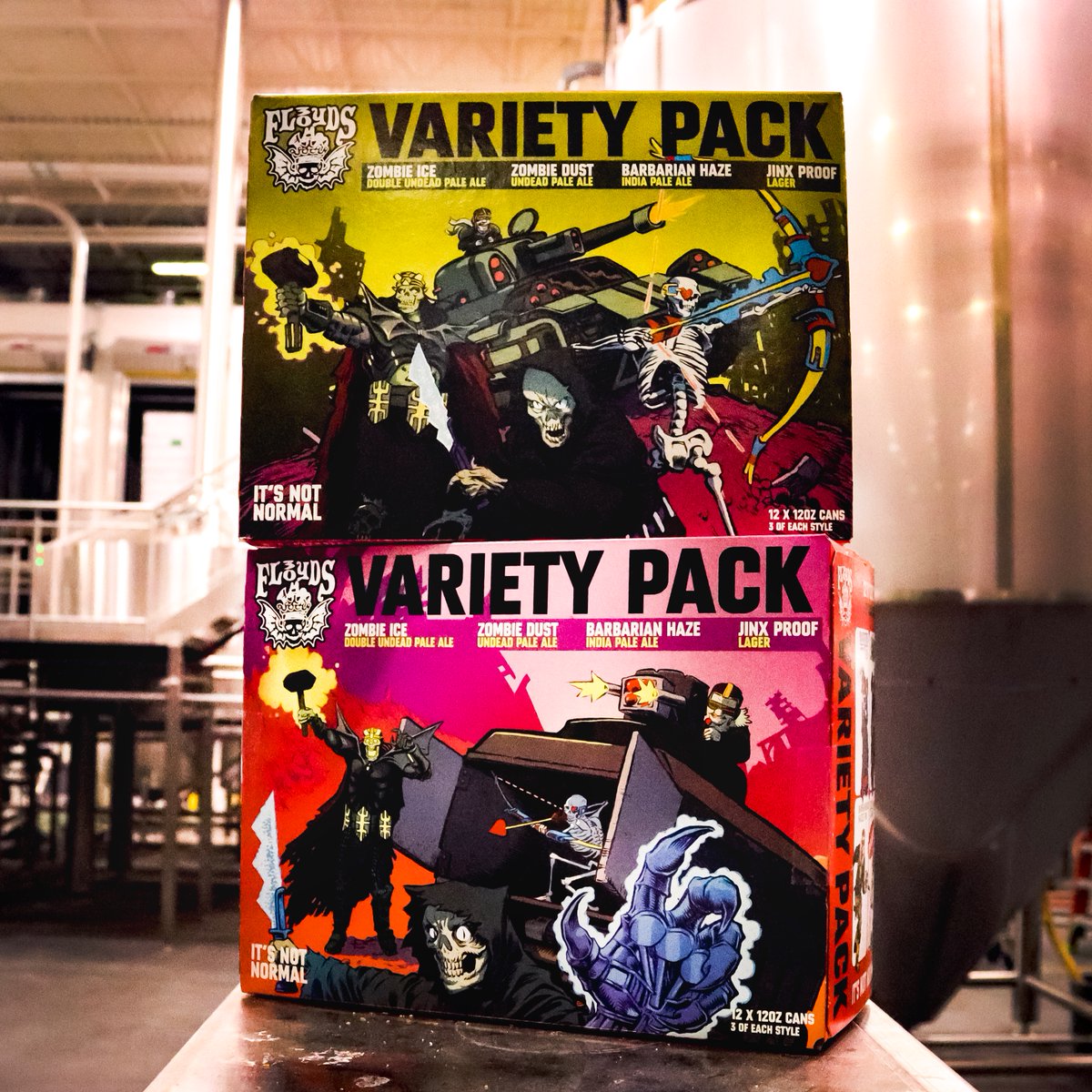 3floyds's tweet photo. Introducing our very first Variety Pack! This limited edition bundle contains three 12oz cans each of: Jinx Proof, Barbarian Haze, Zombie Dust, and ...yep, Zombie Ice. It's going out to all 3 Floyds markets and is available starting today in our kiosk. https://t.co/bLzeUxKAeL
