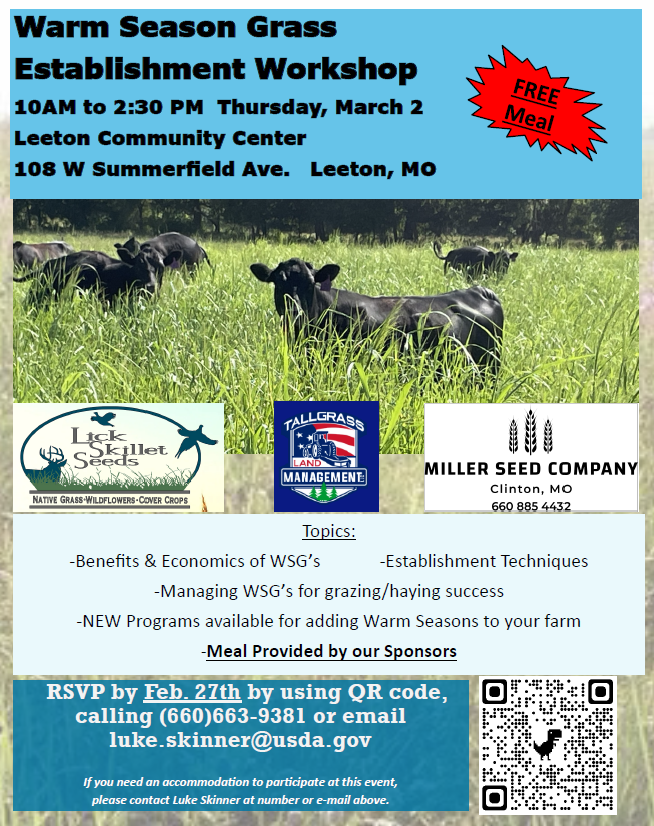 MissouriQF's tweet photo. Interested in learning more about native forages for your grazing operation? Check out the upcoming Warm Season Grass Workshop in Leeton on March 2nd! This is a FREE workshop but please RSVP by 2/27 for a head count.
#nativeforage #plantnative #habitatmanagement #grazing #NRCS https://t.co/YxB9znALZT