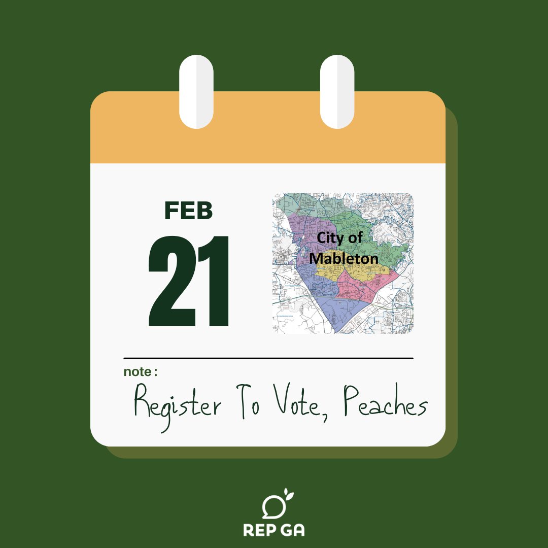 Rep_GA's tweet image. TODAY is the last day to get registered to vote, #Mableton peaches!

YOU have the chance to participate in the city's FIRST-EVER election. Let your voice be heard!

Click ow.ly/hBTw50MYw2Y to get started.

#earlyvoting #repga #voterregistration #voteready #GeorgiaVoter