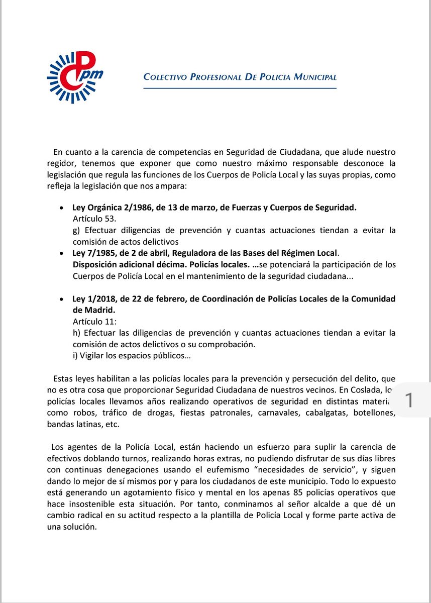 ElHispano77's tweet image. Desde @cppmcoslada me piden que difunda este escrito aclarando las falacias que el #Alcalde de @Ayto_Coslada vertió en @OndaCeroCoslada sobre datos de criminalidad y sobre que las PLs no tenían competencias en #SeguridadCiudadana  Estamos en manos de los peores en el peor momento