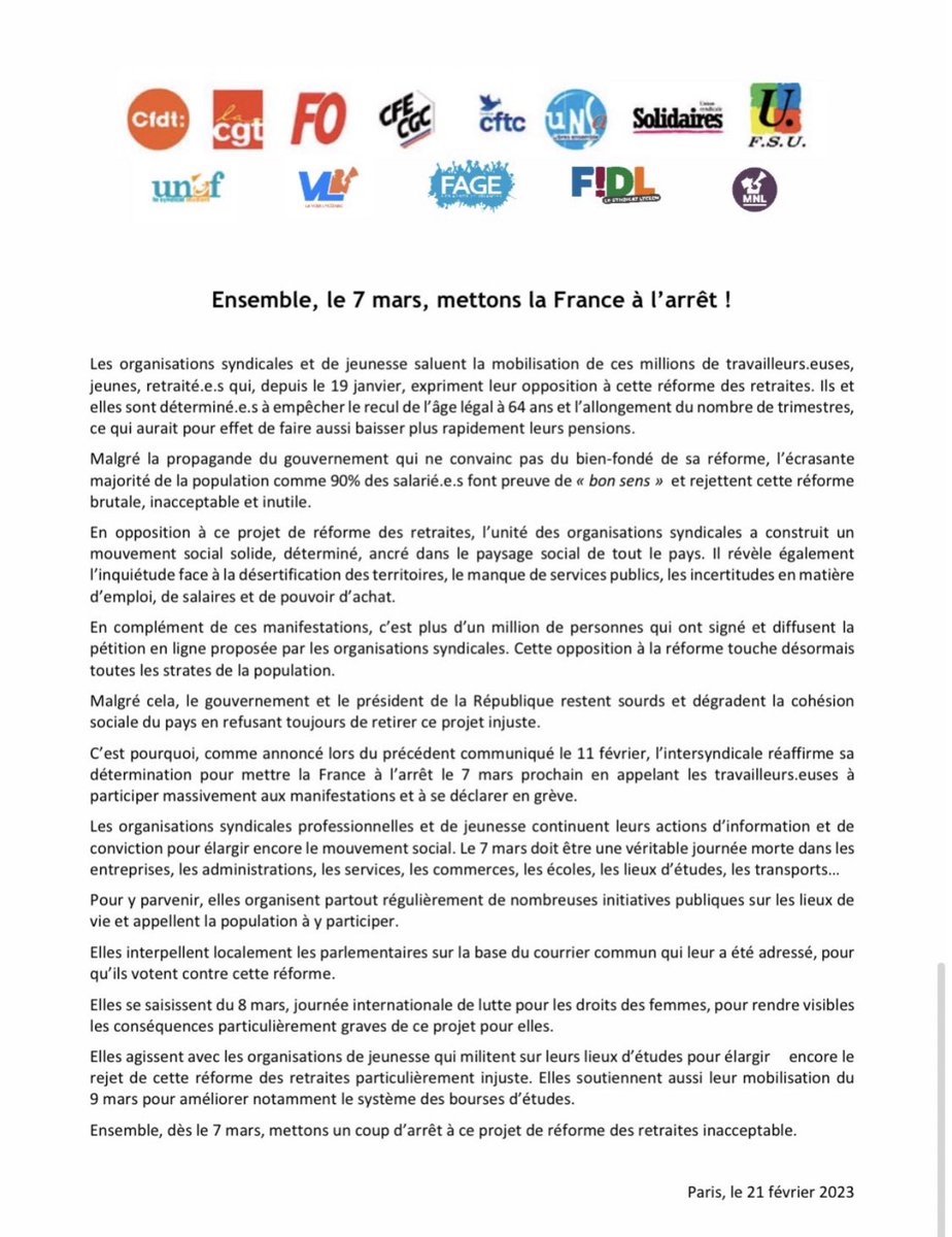 #RéformeDesRetraites : L’intersyndicale appelle à mettre la France à l’arrêt le 7 mars. 

« Le gouvernement est devenu sourd » <a href="/GerardMardine/">Gerard Mardine</a>