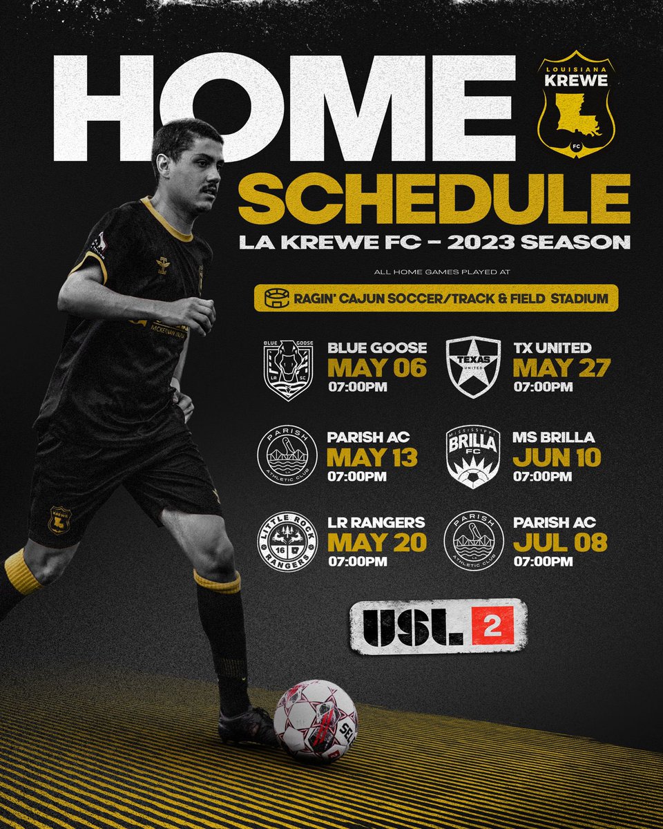lakrewefc's tweet photo. 🗓 2023 #USLLeagueTwo Mid South Division schedule is out. And here is your LA Krewe FC HOME SCHEDULE!

Lots of fun, great food, and the best soccer in town coming up this Summer. This time in our new home 🌶😉

#UptheKrewe #WeBeforeMe #MidSouthDivision https://t.co/FeZ3y6pp4T