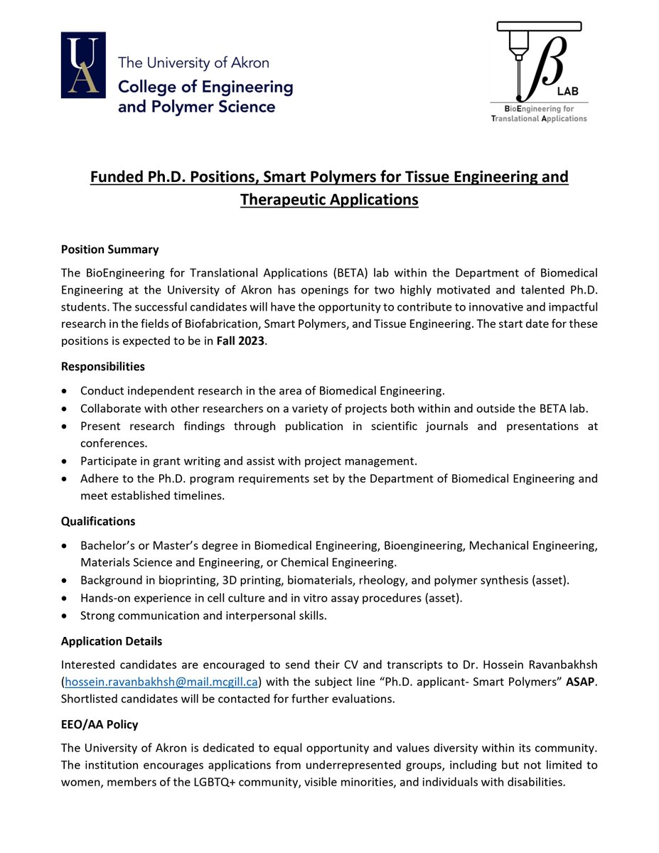 I am on the lookout for two Ph.D. students to join the BioEngineering for Translational Applications (BETA) laboratory at <a href="/uakron/">The University of Akron</a> starting in Fall 2023. Interested candidates are highly encouraged to contact me only via email ASAP. Please RT.
<a href="/FuturePI_Slack/">Future PI Slack</a>