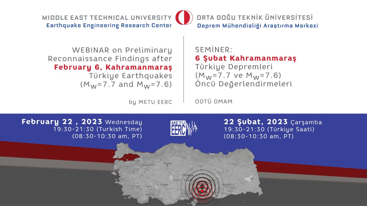 ODTÜ Deprem Mühendisliği Araştırma Merkezi (DMAM) tarafından 22 Şubat Çarşamba günü saat 19:30'da gerçekleştirilecek çevrim içi seminerde, 6 Şubat’ta yaşadığımız depremlerin ön değerlendirmeleri paylaşılacak. Canlı olarak izlemek için👉youtube.com/live/uEeGc8GCn…

#deprem #ODTÜ #METU