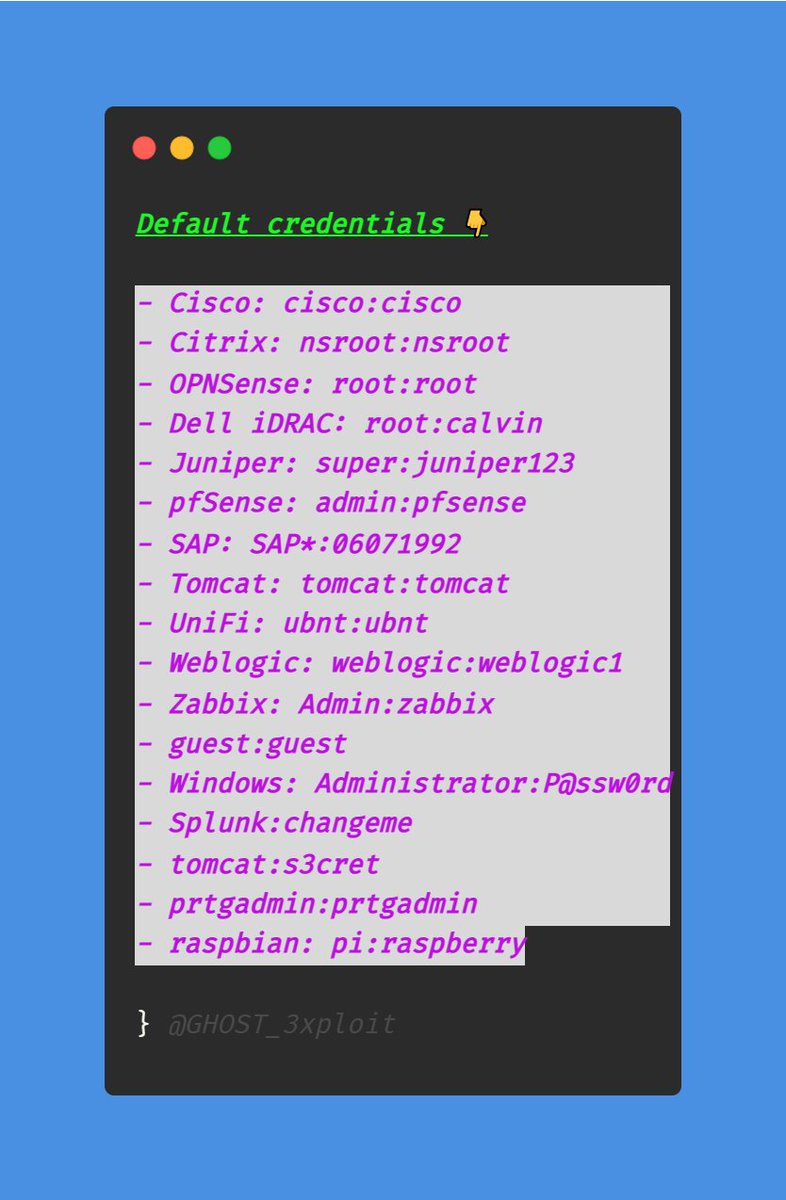 0x0SojalSec's tweet image. Default credentials 👇⚡️

#infosec #cybersec #bugbountytips