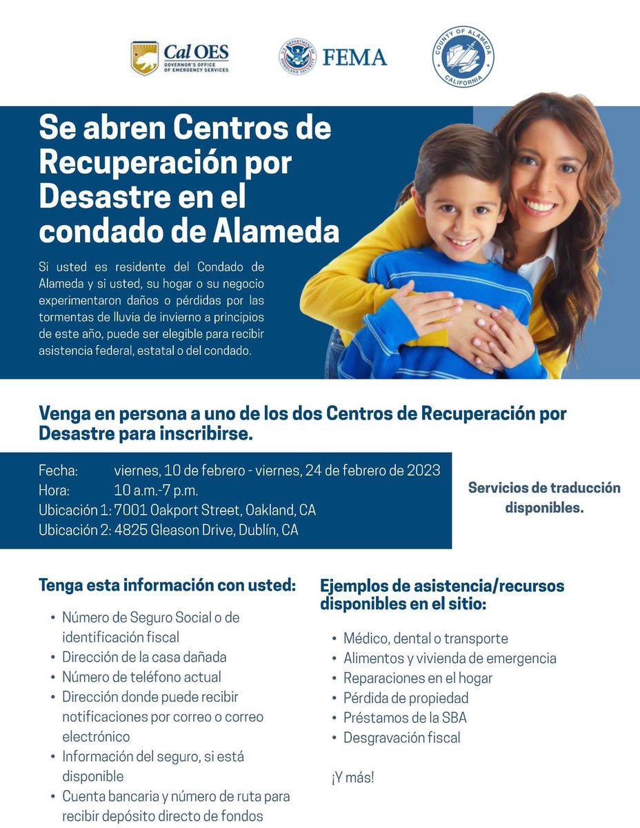 3-days left to take advantage of the Disaster Recovery Center services in Alameda County. 2 locations: 7001 Oakport St., Oakland and 4825 Gleason Drive, Dublin. Federal, state, and local agencies are on hand to help you.