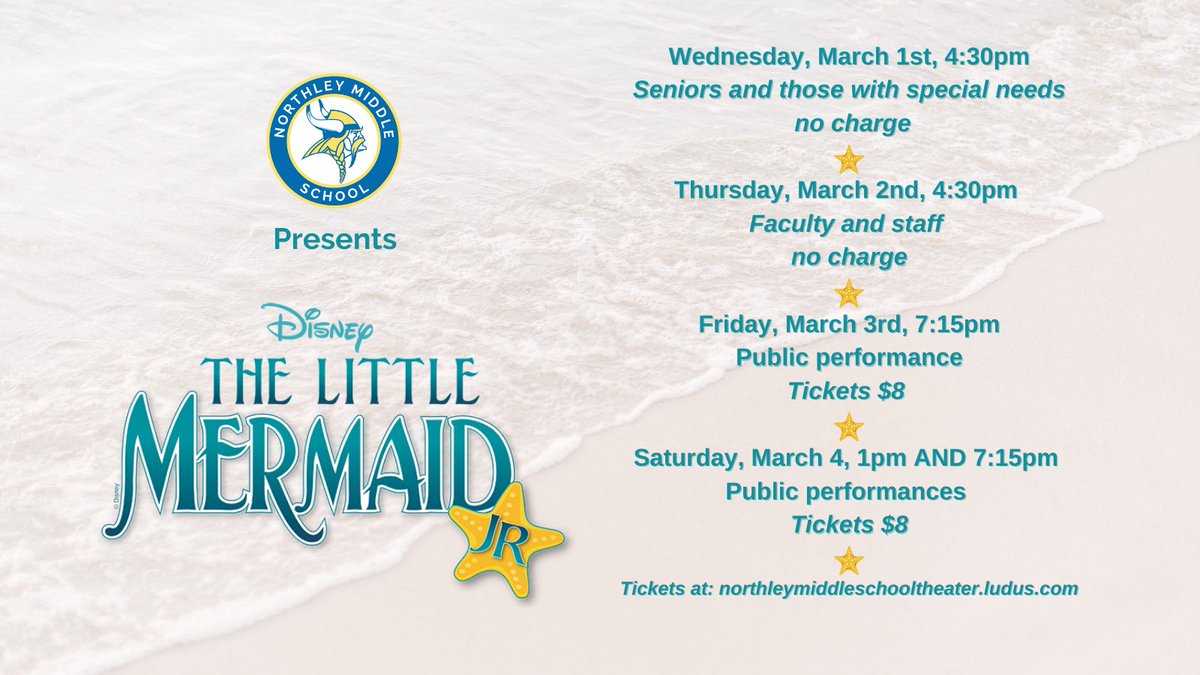We are only a week away from the exciting opening of our middle school musical The Little Mermaid, Jr.  Get your tickets today for this fun and colorful production!  northleymiddleschooltheater.ludus.com/index.php <a href="/NMSViking/">Mr. Buterbaugh NMS</a> #penndelcoproud