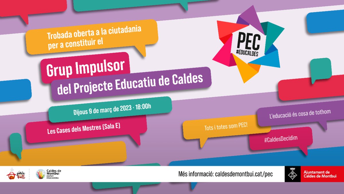 AjCaldesMontbui's tweet photo. 📣Trobada oberta a la ciutadania per constituir el nou Grup Impulsor del Projecte Educatiu de Caldes (#PEC).
🗓️ El dijous 9 de març de 2023
⏰ a les 18 h
🚩 a Les Cases dels Mestres (Sala E)
#CaldesDecidim #educaldes #caldesdemontbui https://t.co/3gaXbmF0Lt