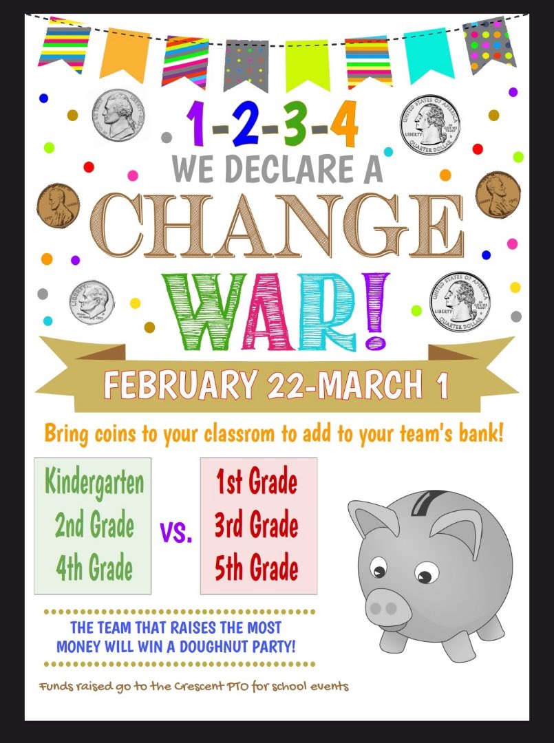 Reminder!

Our Change War starts tomorrow! Bring your change to help Team Odd (1st, 3rd, and 5th grades) or Team Even (K, 2nd, and 4th) earn a donut party or an extra recess! The money raised supports all of the amazing events the PTO hosts.

#BeCrescent #cbcsd