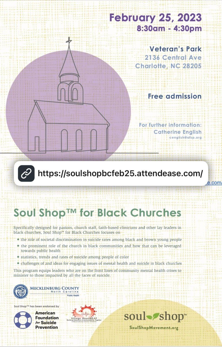 We will be offering Soul Shop for Black Churches this Saturday, February 25th in Charlotte, NC. Sponsored by <a href="/afspnational/">American Foundation for Suicide Prevention</a>, Soul Shop equips Black faith leaders to support those impacted by suicide.

Participants must register to attend. Visit the link to sign up. #StopSuicide