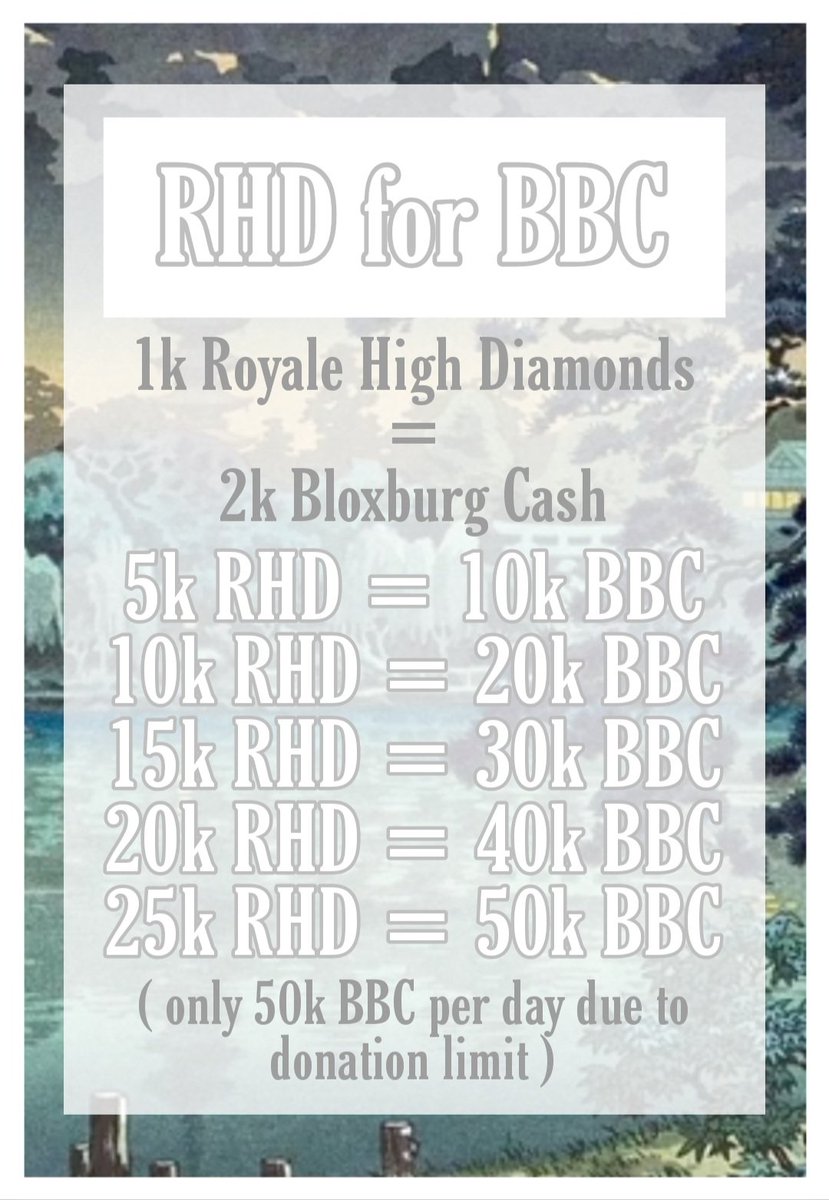 Trading Bloxburg cash for Royale High diamonds!! ♡

1k RHD = 2k BBC

.
.
.

#royalehigh #royalehighdiamonds #royalehightrading #royalehightrade #bloxburg #bloxburgcash #royaleween #royalehighhalloween #RoyaleHighHalo
