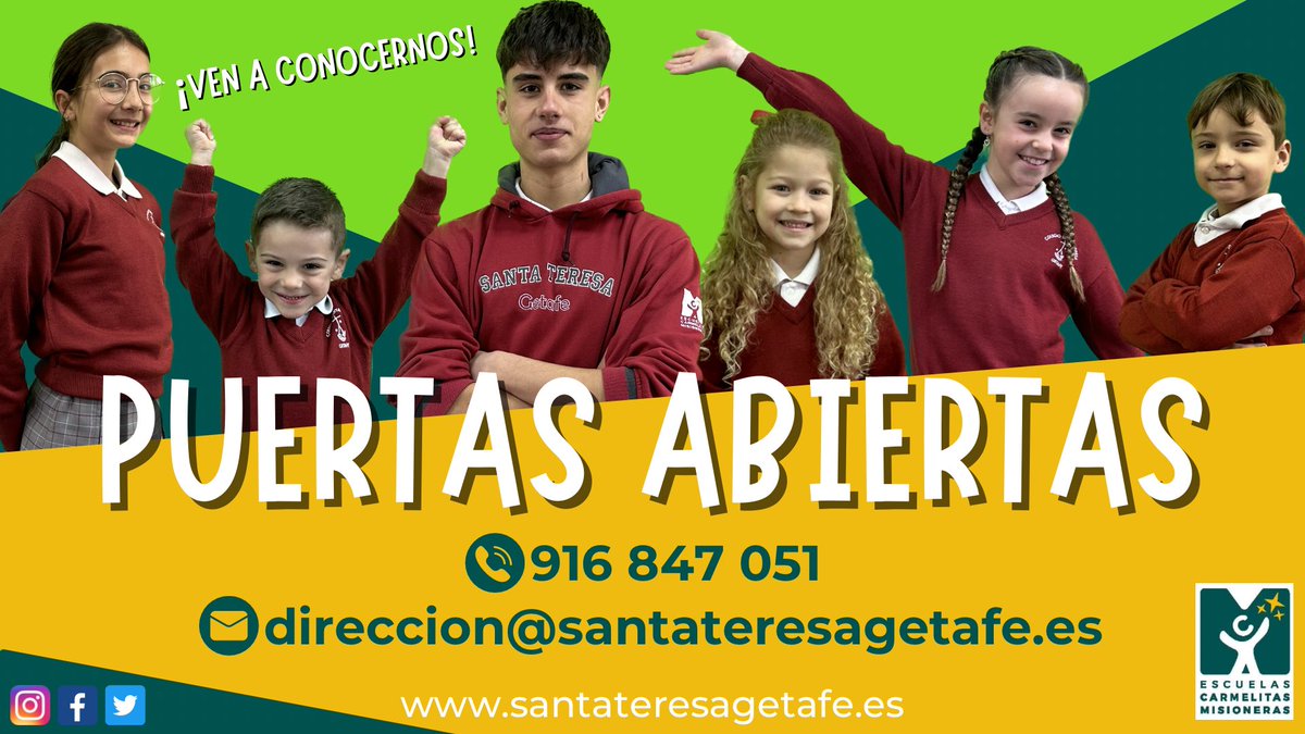 c_santateresa's tweet photo. ¡Ven a conocernos! Jornadas de puertas abiertas en Educación Infantil, Primaria y Secundaria. Apúntate en: https://t.co/ImYp96NaXQ

#SomosSantaTeresa #Colegio #Puertasabiertas #Getafe #Educacion https://t.co/9rmrdbfPc5