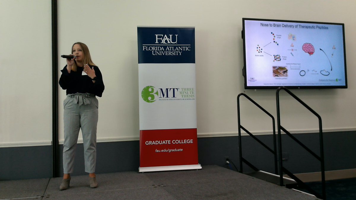 Aleksandra Nedovic, graduate student from @FAUScience presenting “Nose to Brain Delivery of Therapeutic Peptides” #FAU3MT #3mt #ThreeMinuteThesis #Science #FAUGradCollege #research #scholarship
