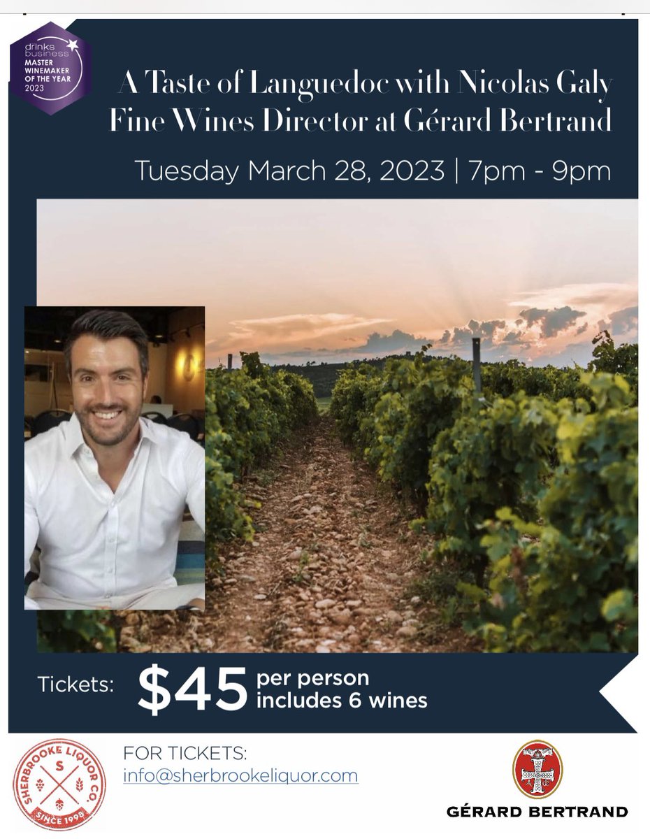 caskandbarrel73's tweet photo. Be sure to join us on March 28th for the Gerard Bertrand “ A Taste of a Languedoc “ Tasting with Brand Ambassador Nicolas Galy at Sherbrooke Liquor. Gerard Bertrand awarded Winemaker of the Year by Drinks Business Magazine!! @PWS_Canada @SherbrookeLiq @GerardBertrandO https://t.co/CAfXYzcFQQ