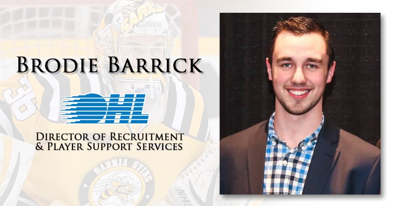 OHLHockey's tweet photo. The #OHL has appointed @StingHockey alumnus Brodie Barrick as Director of Player Recruitment and Player Support Services.