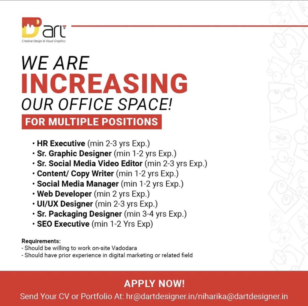 DDartd23's tweet photo. job openings for Sr.graphis designer, social media video editor, content writer, social media manager, web developer,Sr.packaging designer and SEOLocation - Vadodara Please share your CV on hr@dartdesigner.in or niharika@dartdesigner.in
#vadodara #graphicdesigner #packagingdesig https://t.co/LBFy0UuYiU