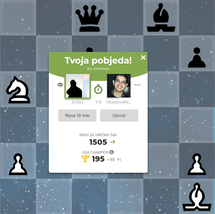 Krotyyy's tweet photo. 106 weeks after opening my https://t.co/C4IdPc7ReJ account, I have finally managed to reach over 1500 rating, putting me in the so-called "advanced players" list

Gn https://t.co/UI4x0uERBM