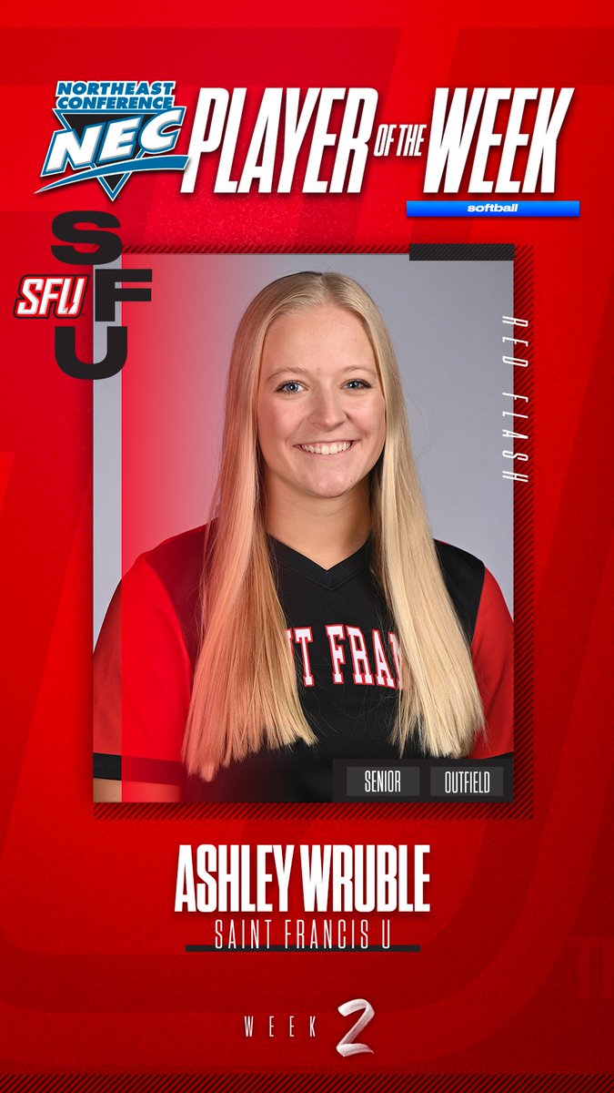 🏅 #NECsoftball Player of the Week 🏅

👉 Ashley Wruble, <a href="/sfuathletics/">Saint Francis Red Flash</a> 
 
🗒️ Wruble sported a .417 batting average at the Phoenix Invite. The senior was solid in SFU's win over Big 10 opponent Michigan St., going 2-for-4 with a double while scoring an insurance run in the 7th.💪