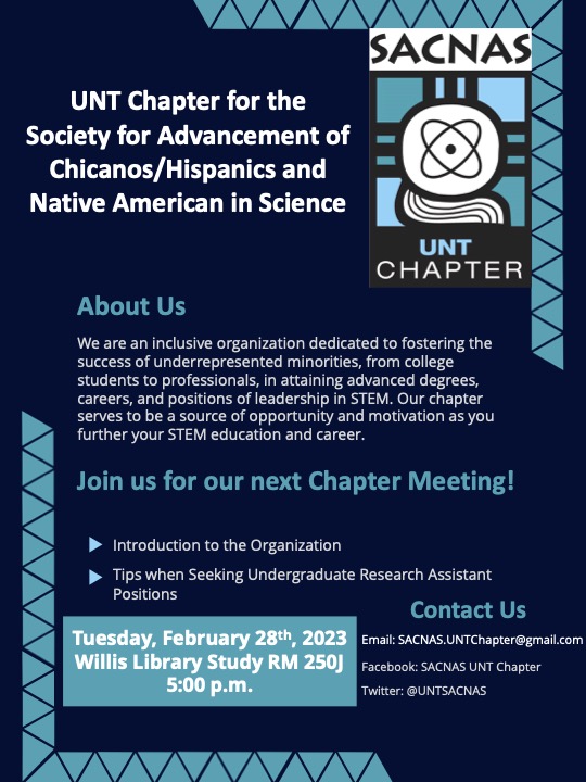 Sacnistas from <a href="/UNTScience/">UNT College of Science</a> !! At our first meeting we will be talking about tips when seeking Undergraduate Research Assistant Positions. Hope to see you all there!  #SACNASUNTChapter
