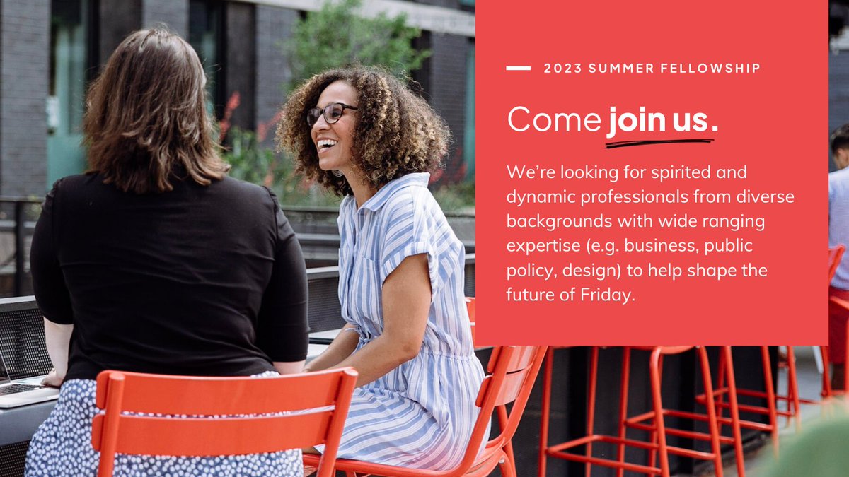 ideasbyfriday's tweet photo. Friday is accepting applications for our 2023 Summer Fellowship! Fellows will play a critical role in client projects, own #strategy and #design deliverables, and lead internal initiatives to strengthen and grow our company. Applications due March 31st. https://t.co/iShPw7SrdV https://t.co/HGZaMM2rLg