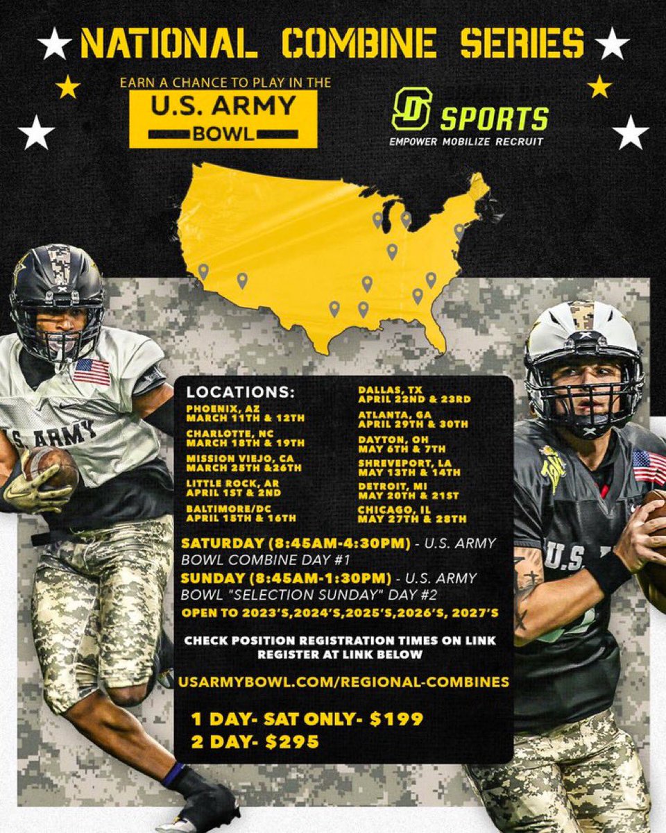 Dates are set… 

1. COME EARN A CHANCE TO PLAY IN THE U.S. ARMY GAME

2. GET COACHED BY FORMER NFL / D1 COACHES 

3. LEAVE WITH FULL VIDEO VERIFIED MEASURABLES  

4. RECRUITING EXPERTS TO HELP NAVIGATE THE NEW DYNAMIC OF COLLEGE RECRUITING <a href="/USArmyBowl/">Military Appreciation Bowl Week</a> 

usarmybowl.com/regional-combi…