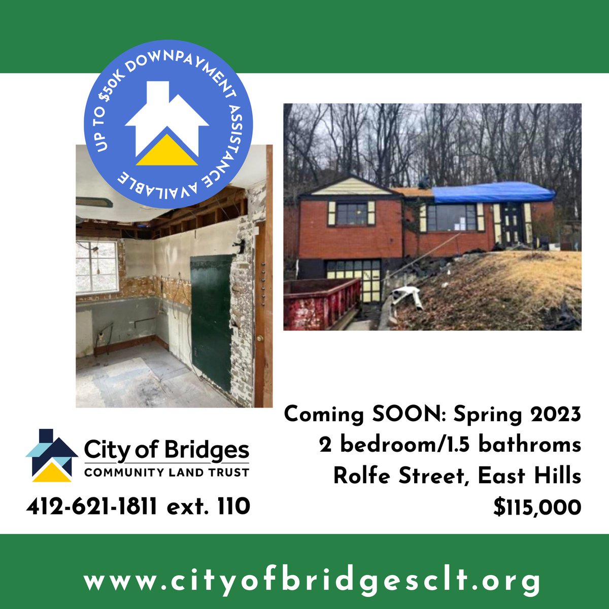 citybridgesclt's tweet image. Ready to become a #FirstTimeHomeowner? Sneak a peek at our #EastHills #TransformationTuesday rehab: 2 bd/1.5 bath community-led #AffordableHousing on Rolfe St,  #ForSale this spring from $110-115,000.  Learn more at cityofbridgesclt.org or call Crystal at 412-621-1811 ext. 110