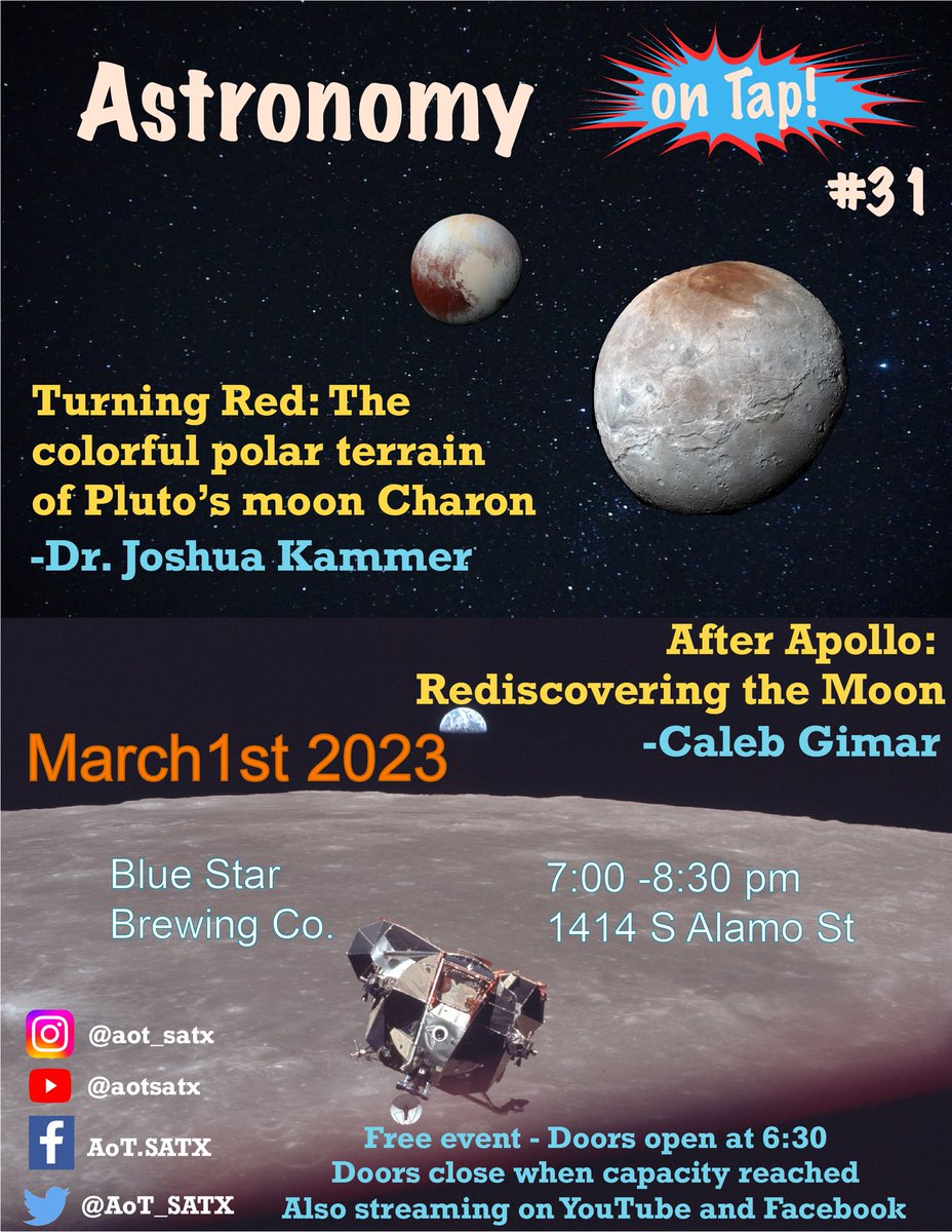 AoT_SATX's tweet image. Let’s try it again, our next Astronomy on Tap will be on March 1st featuring the same lineup as our cancelled February event. See you all there at 7 PM at the Blue Star Brewery! @BlueStarBrewCo