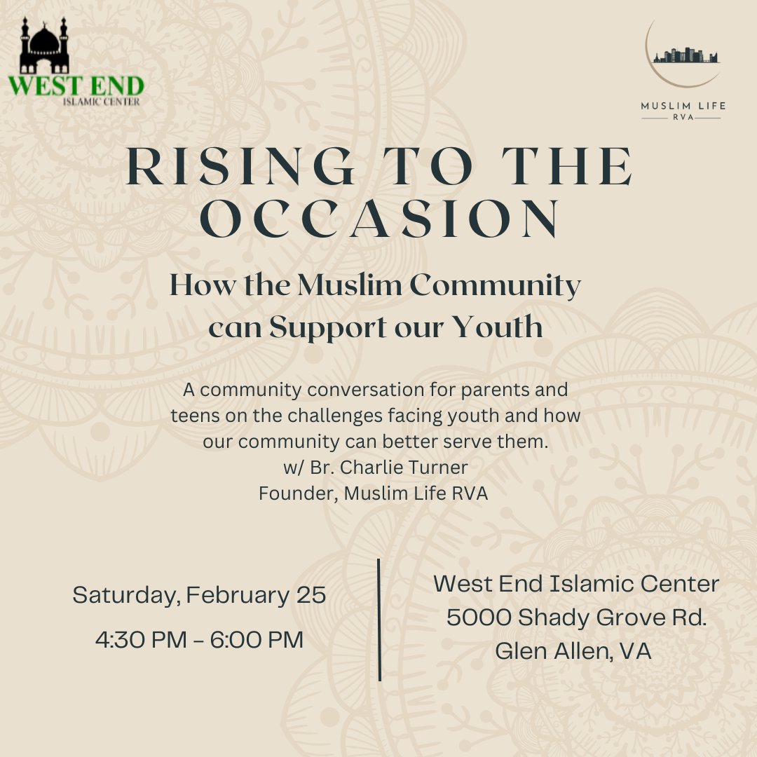 MuslimLifeRVA's tweet photo. It's been a long General Assembly session, but I'm looking forward to returning to work with Muslim youth! Join us this Saturday at the West End Islamic Center for a discussion on the challenges Muslim youth face and how the community can better support them. https://t.co/5n4JIgu3mY