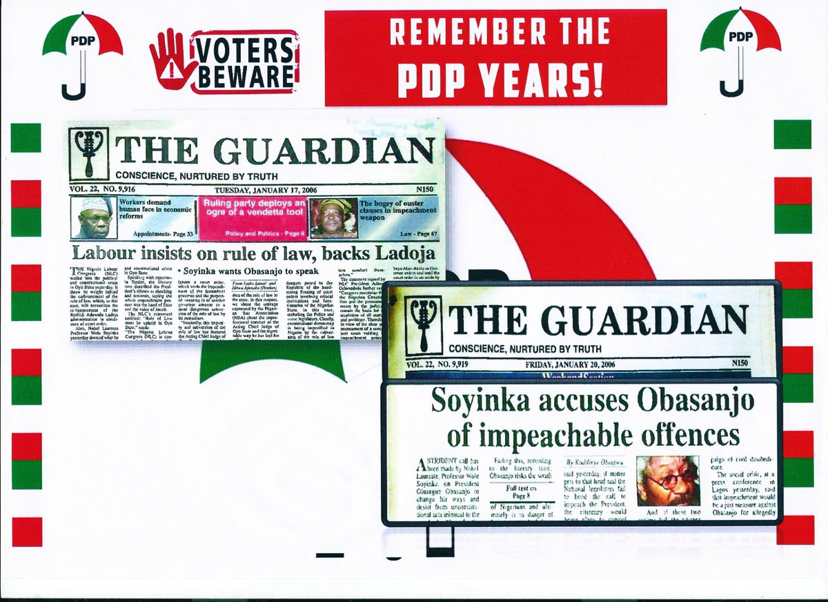 JohnFanimokun's tweet photo. We can never forget how past PDP govts used Federal might to unseat State Governors and elected Nigerian leaders who failed to abide to their biddings.
Nigeria will never go back to the era where constitutional procedures are powerless in the affairs of d nation.
#NeverAgainPDP https://t.co/NlcmRDdlef
