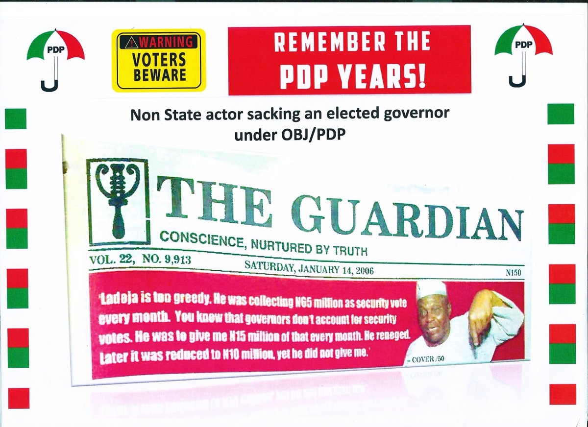 JohnFanimokun's tweet photo. We can never forget how past PDP govts used Federal might to unseat State Governors and elected Nigerian leaders who failed to abide to their biddings.
Nigeria will never go back to the era where constitutional procedures are powerless in the affairs of d nation.
#NeverAgainPDP https://t.co/NlcmRDdlef