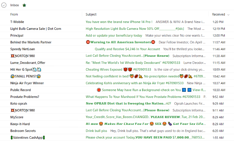 Churro315's tweet photo. @MicrosoftHelps - It seems like Hotmail's junk filter went on strike last week and isn't planning on returning to work.

18 new messages in my inbox today, all junk and none of them have a sender address. Created some rules; didn't work.😭

Any help would be greatly appreciated. https://t.co/gfgEIx8VGN