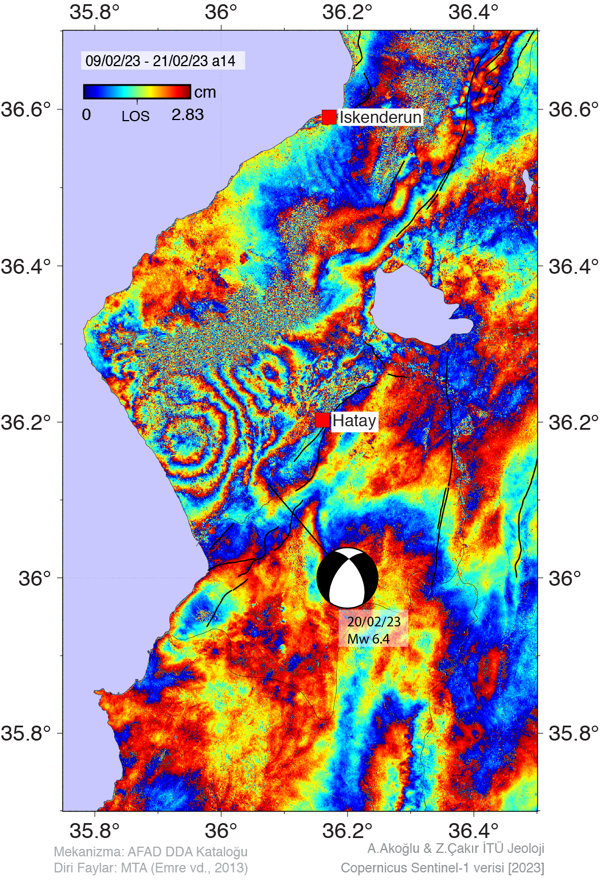 AktifTektonik's tweet image. Dün Hatay'da meydana gelen depreme ait ilk #interferogram (.kmz birazdan sitemizde)
