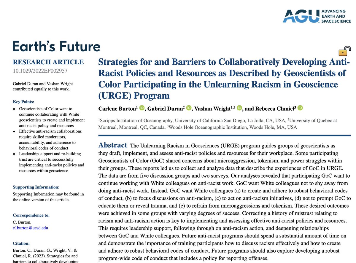 Are you talking about anti-racism in your workplace? Do you have a DEI committee working together on developing policies? 

Give this a read to hear what Geoscientists of Color and existing theories of collaboration have to say about doing that well! 

agupubs.onlinelibrary.wiley.com/doi/full/10.10…