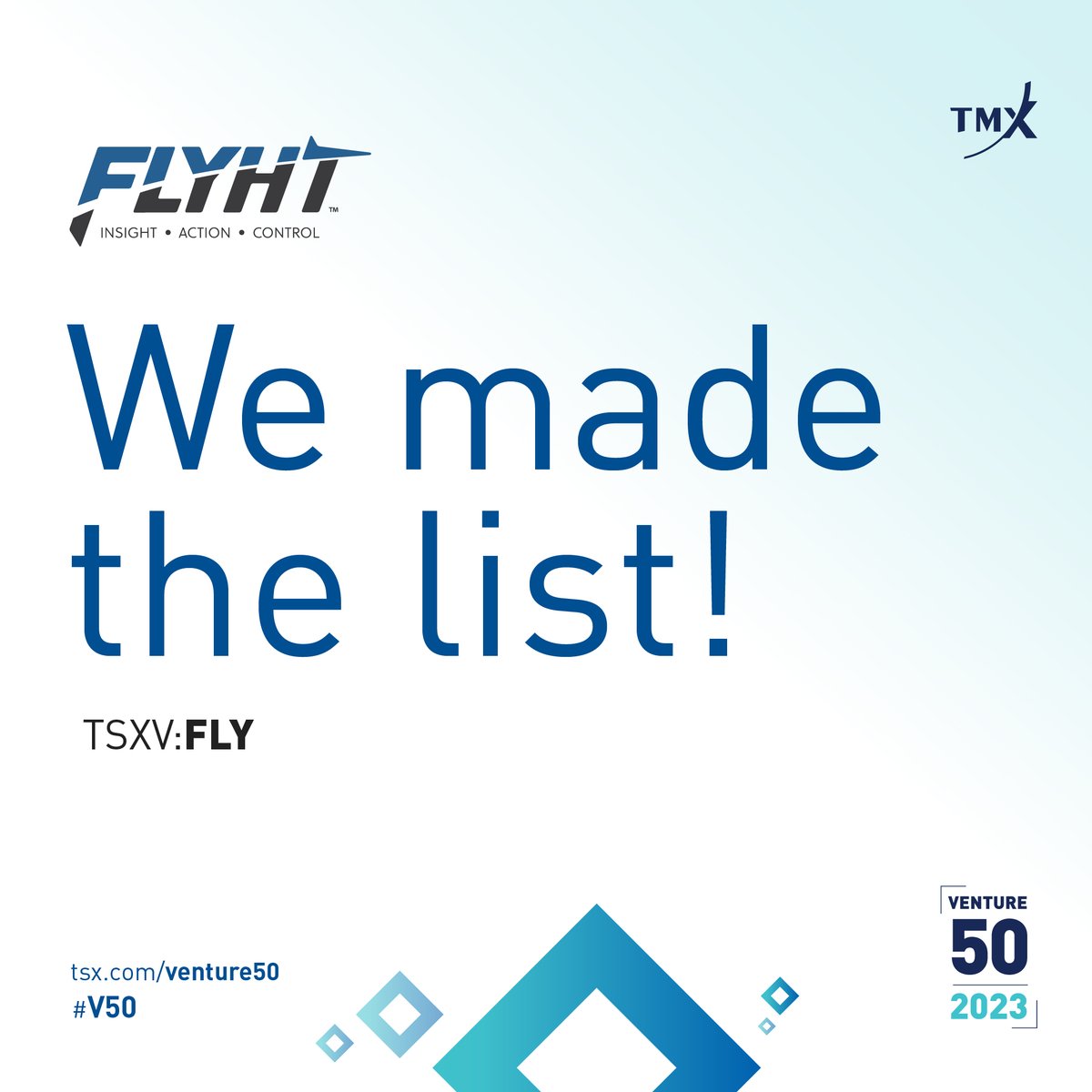 🎊 We Made the List! FLYHT has been recognized as one of the 50 top-performing @tsx_tsxv listings of the past year. #Venture50 Read our press release here, flyht.com/investors/news… Learn more about the fastest growing #TSXV companies at: tsx.com/Venture50