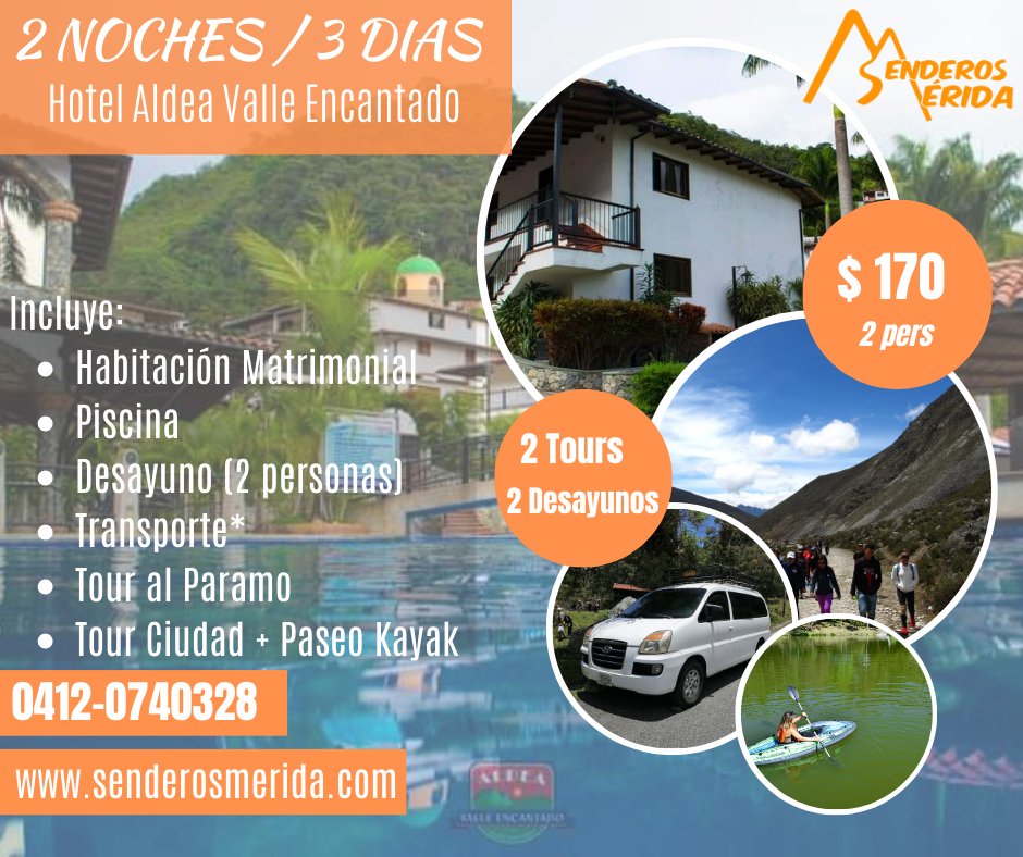 senderosmerida's tweet photo. No te puedes perder este paquete vacacional para temporada baja:
- Hospedaje de 2🌛 y 3🌞 en el Hotel Aldea Valle Encantado
- Disfrute de las instalaciones
- 2 Desayunos
- Transporte
- Tour al Paramo
- Tour en la ciudad + paseo en Kayak
Todo por $170 por pareja
#SenderosMerida https://t.co/fclLHuFywD