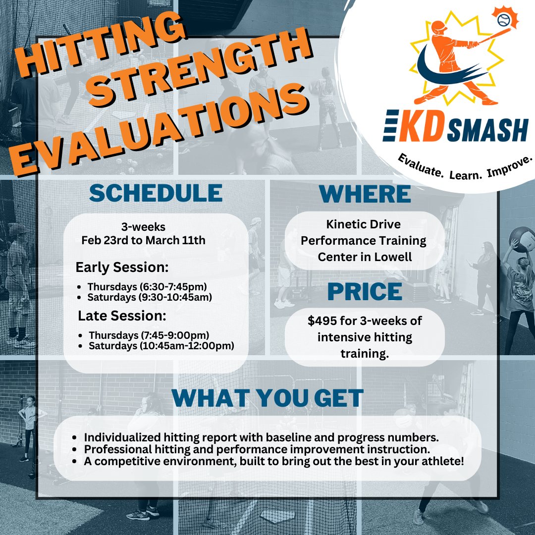 KD SMASH starts this Thursday!
This 3-week program is built to fine-tune your swing for the Spring season.
With professional hitting instruction, performance improvement training, as well as individualized reports, you do not want to miss out!
Sign-Up Now: kinetic-drive.com