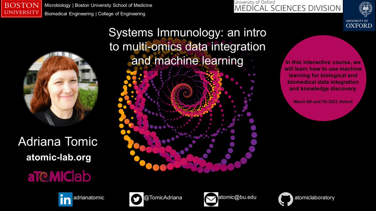 TomicAdriana's tweet photo. #SystemsImmunology course is back! Despite starting my new position across the pond @BU_Tweets @BUCollegeofENG @BUMedicine, I was invited to run yet another series of training on #multiomics integrative analysis of #highdimensional biomedical data using #AI #ML @OxfordMedSci https://t.co/JKOJev6fB4