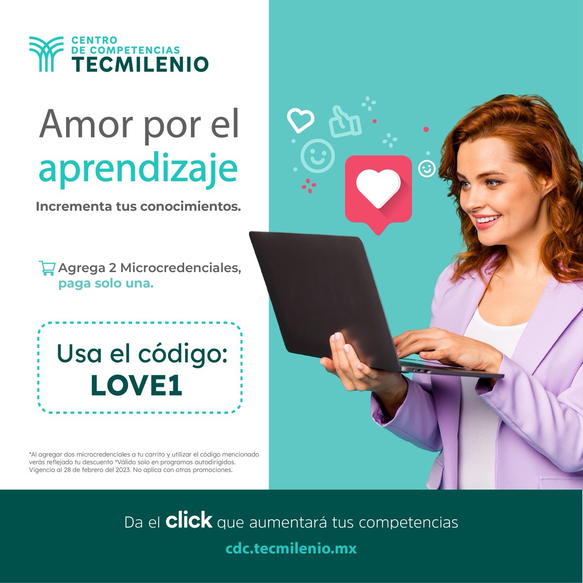 ¡Seguimos celebrando el mes del amor! 
Aprovecha esta última semana de 2 x 1 en Microcredenciales 💙💙
Da clic en bit.ly/3Z9FvCT