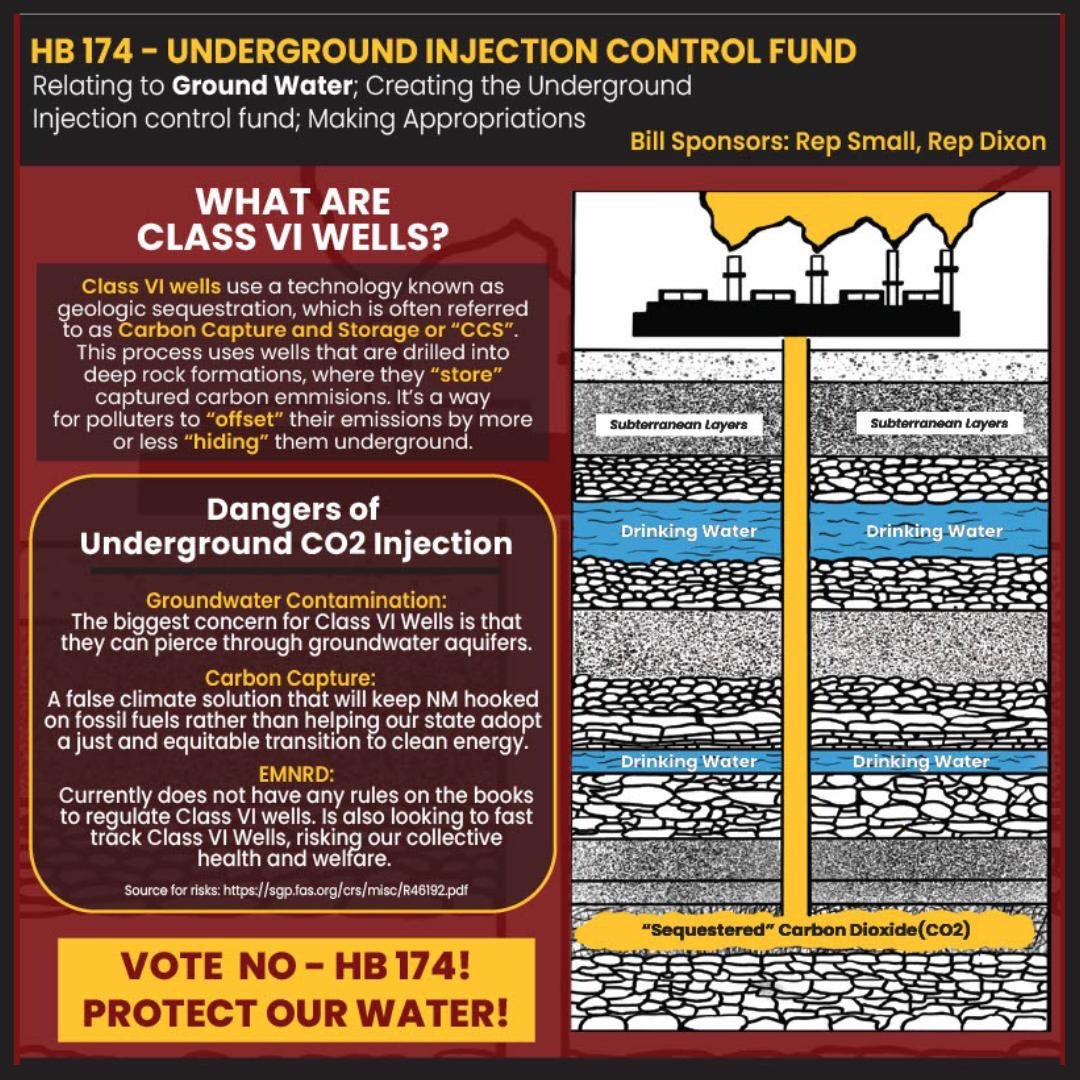 🚨 CALL TO ACTION 🚨 Submit a written comment to OPPOSE HB 174 and PROTECT OUR WATER! 

Carbon Capture is a false climate solution that will keep New Mexico hooked on fossil fuels. visit bit.ly/NOHB174 to submit your comment before the hearing today at 1:30 PM MT.